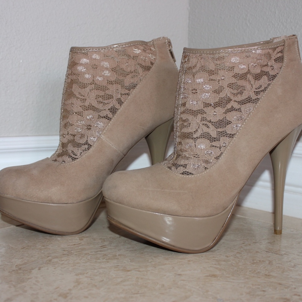 Nude Lace High Heel Booties